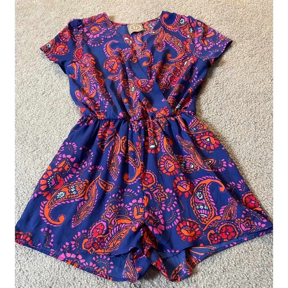 Floral Paisley Print Romper Sz M Orange Pink V-Neck Elastic Waist USA Made - Picture 12 of 12